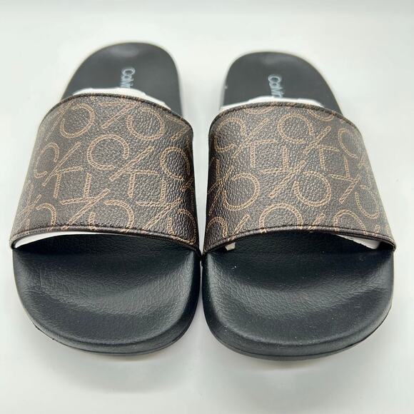 Calvin Klein Slides Womens 5‎ Brown Logo Print Athens Slip On Comfort NEW - Picture 2 of 12